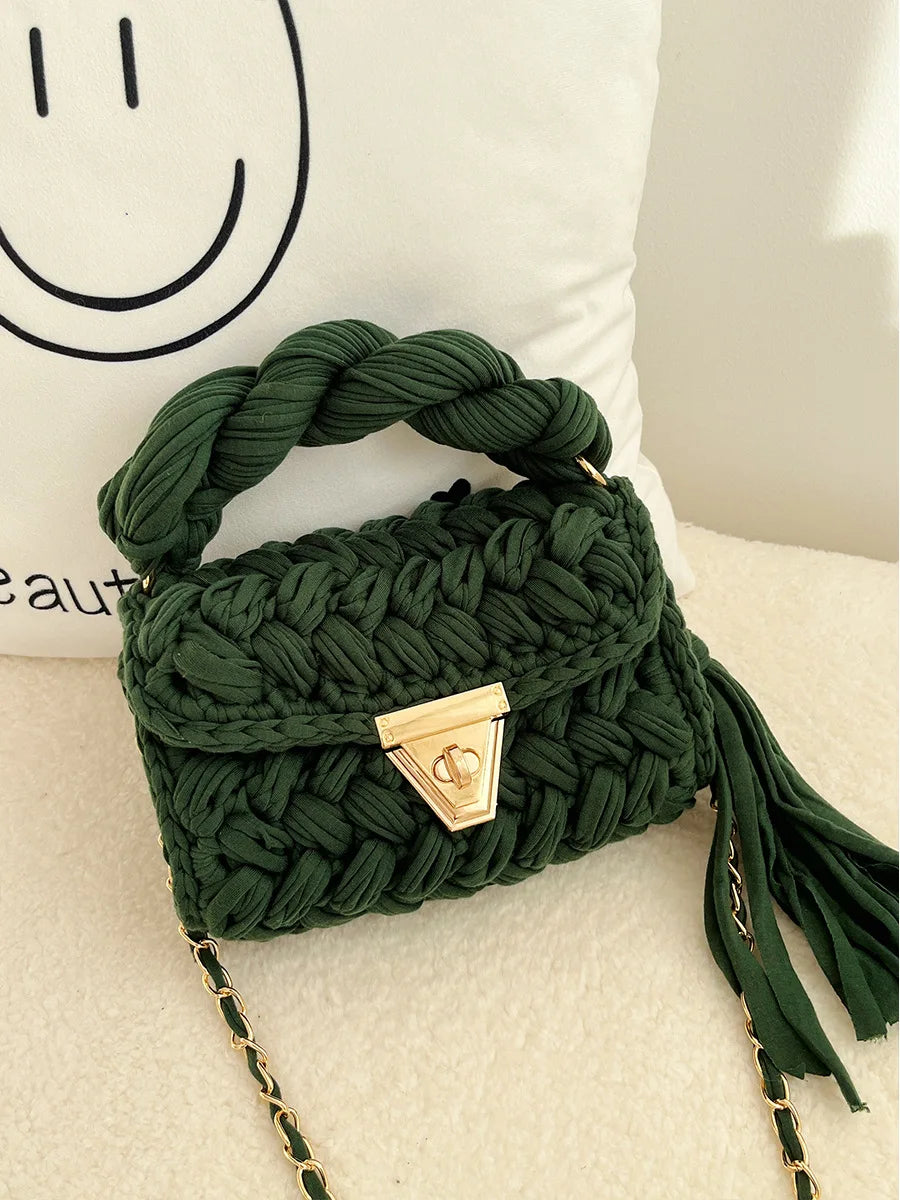 New Handmade Woven Women's Crossbody Bags Thread Hook Knitted Shoulder Bag Colorful Strip Chains Bags for Women Small Purses