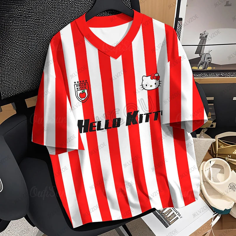 2025 Summer New Pink HelloKitty Stripe Print Women T-Shirt V-Neck Short Sleeve Sports Football Jersey Y2K Loose Oversized Tops