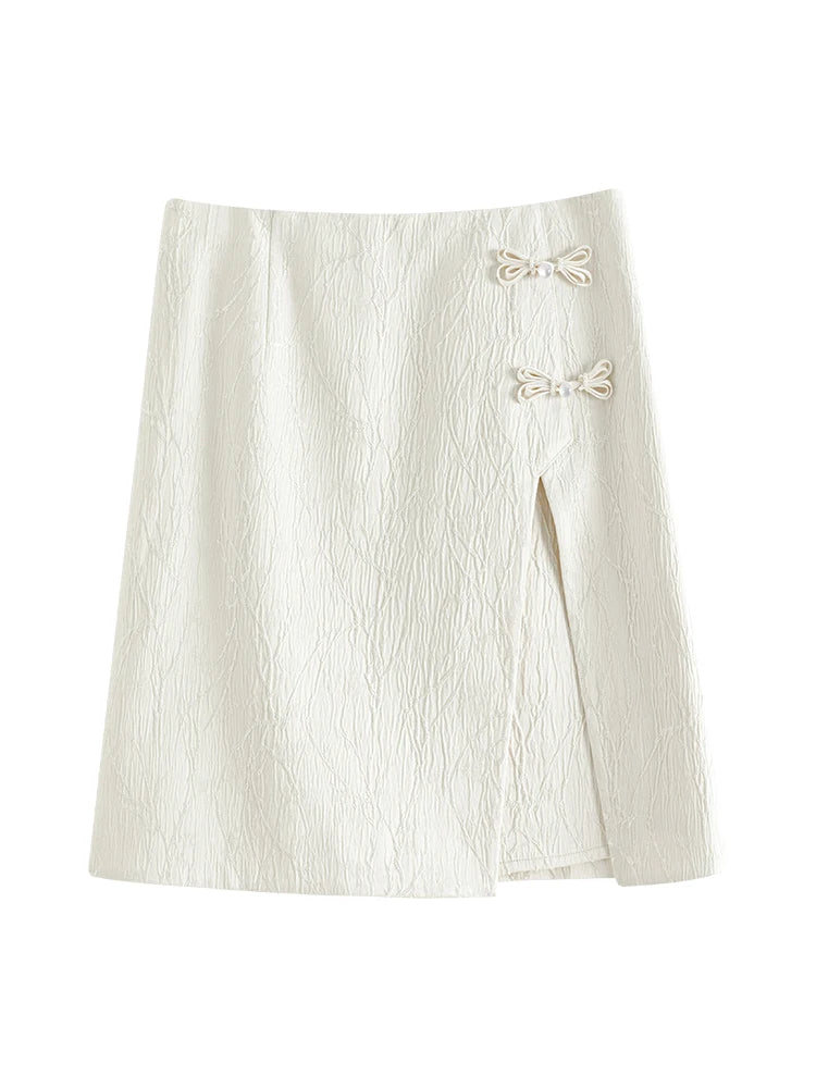 FSLE Beige Mini Skirts New Chinese Style Asymmetric Jacquard Short Skirt Summer Women Black A-LINE Skirts 24FS12897