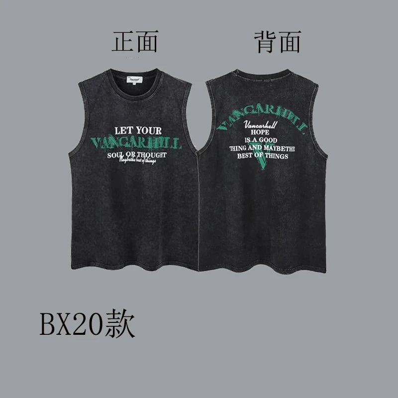 100% Cotton Hiphop Washed and Old Sleeveless T-shirt Men's Trendy Hip-hop Outer Wear Loose Sports Vest