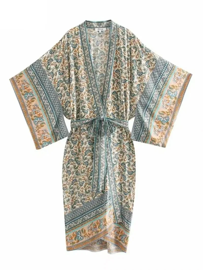 Vintage Chic femmes imprimé fleuri manches chauve-souris plage bohème Kimono Robe dames col en V été Boho Robe couvertures robes