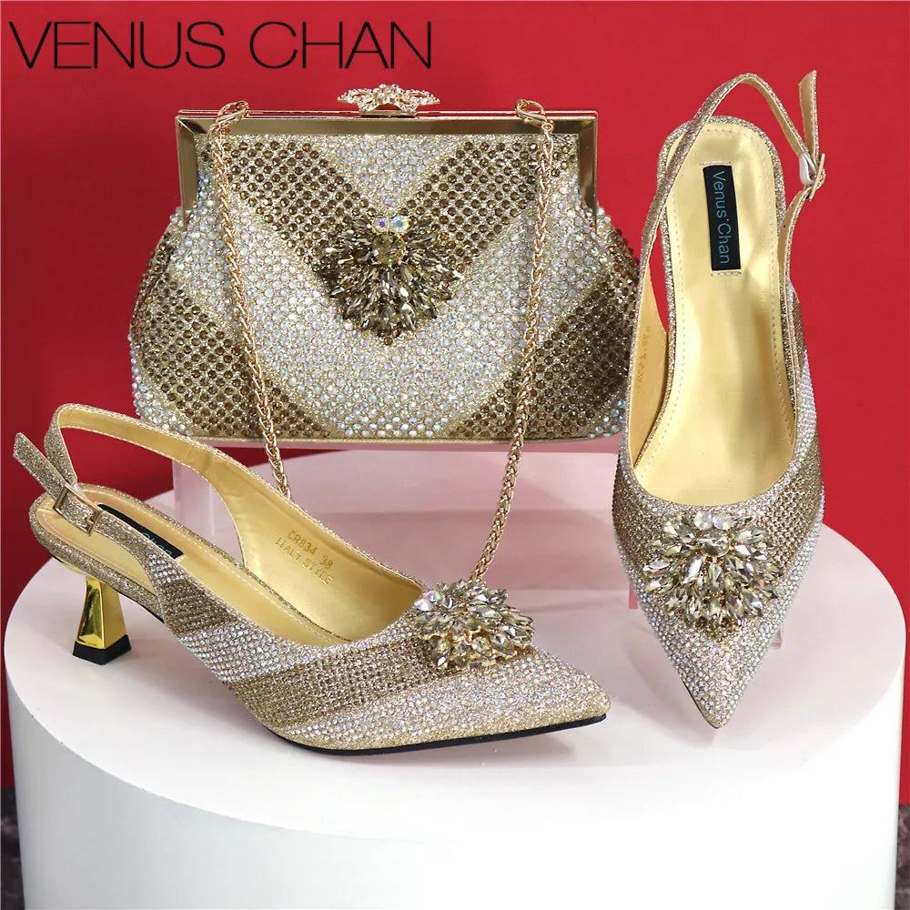 Newest Arrivals Special Design Silver Color African Women Shoes and Bag Set Pointed Toe Pumps for Wedding Party