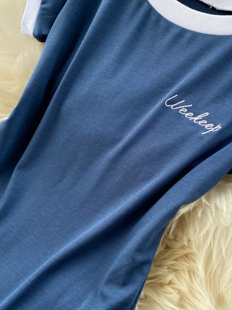 Foamlina Short Sleeve Knitted Skinny Bodysuit Women Summer Fashion Color Block Letters Embroidery O-neck Slim Body Top Jumpsuit