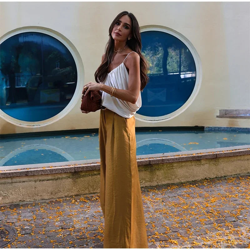 Elegant Satin Sling Top Pants Set Women V-neck Single Breasted Waistcoat Wide Leg Trousers 2025 Summer Lady Street 3 Piece Suits