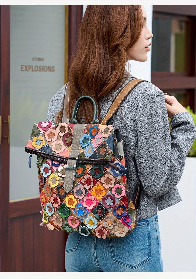 Handmade bag, three-dimensional floral romantic backpack, colorful patchwork retro backpack, luxurious travel experience
