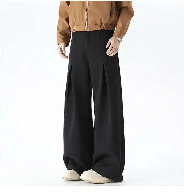 IEFB Pleated Design Men's Suit Pants Casual Solid Color American Style Bottom Drape Straight Wide Leg Male Trousers Simple 9W717