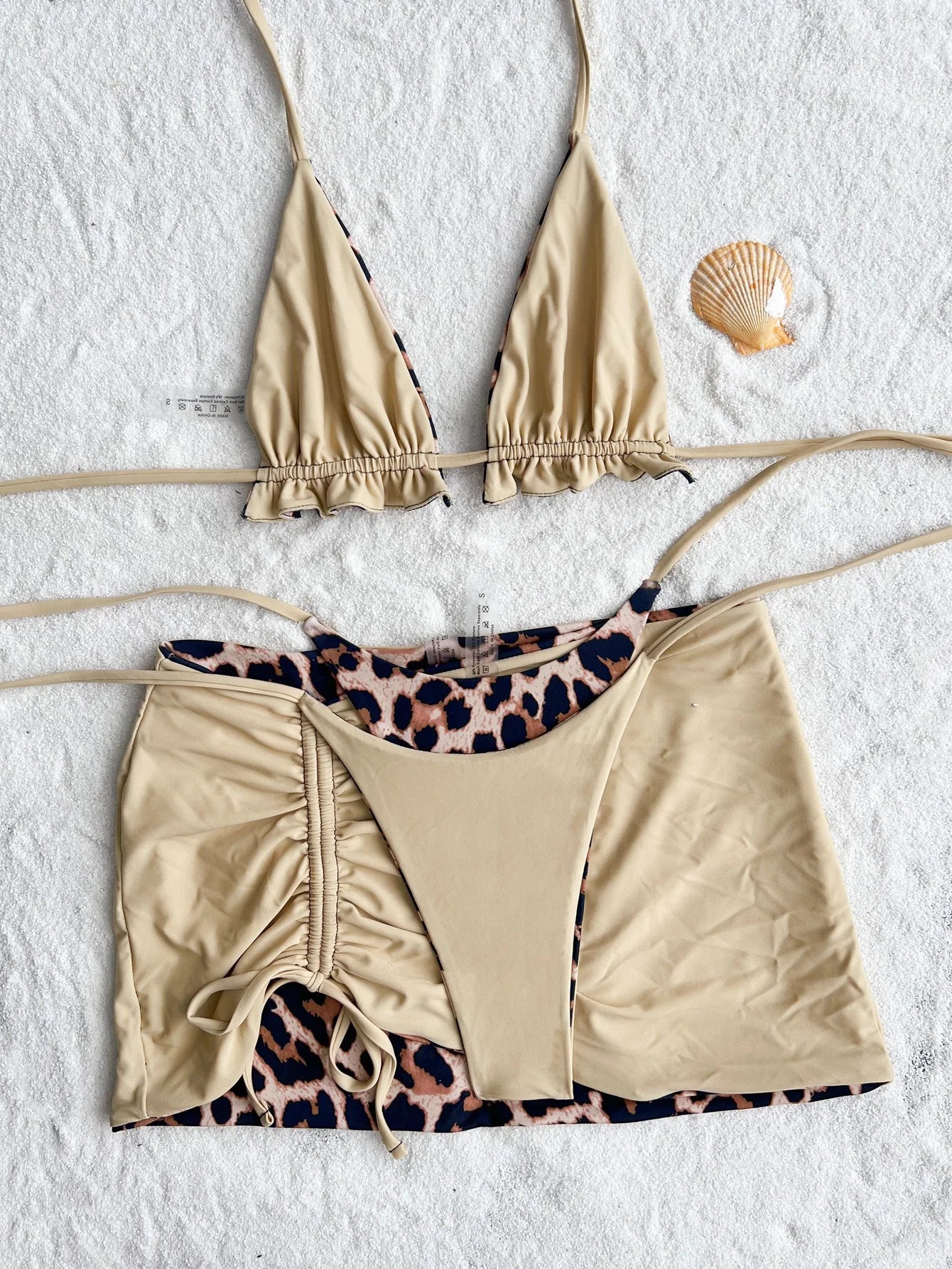 Reversable Swimsuit 2025 New Summer 3pcs Set Leopard female Swimsuit Top Bottom bikinis Cover Ups Tong Biquinis Swiming Suit
