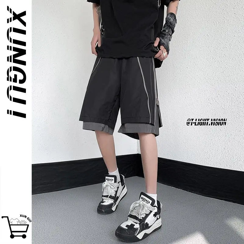 American Functional Shorts Men's Summer Design Fake Two-piece Zippered Trousers Loose Casual Pants