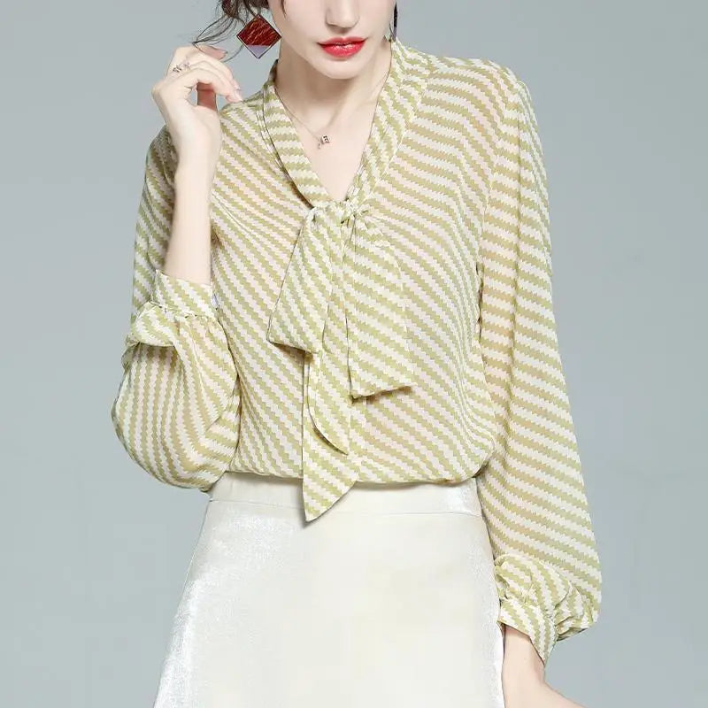 Spring Summer Women Chiffon Shirt Stripe Loose Long Sleeve Bow Office Fashion Urban Cardigan Elegant Women's Blouses 2022 5XL