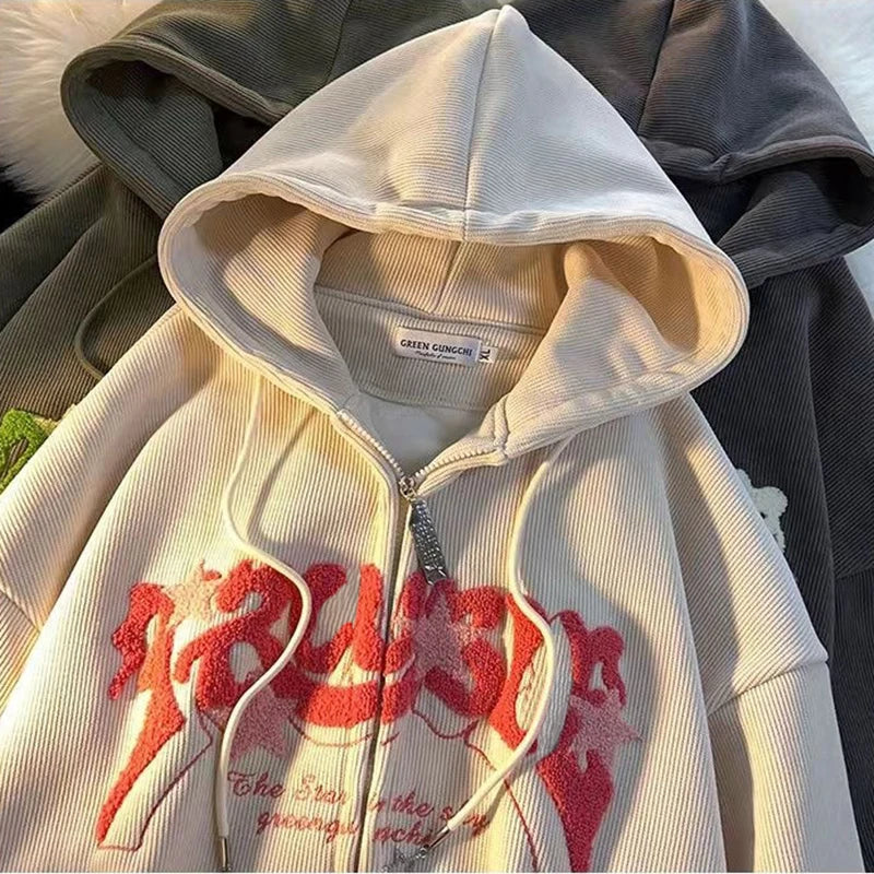 Y2k Zip Up Hoodie Women Spring Retro Embroidered Letter Loose Long Sleeve Tops 2025 Casual Hooded Sweatshirts Harajuku Jackets