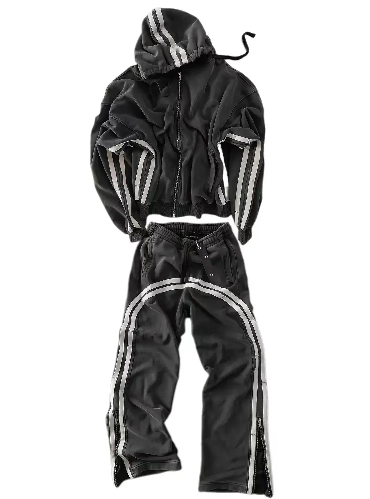 Y2K New Sports Two-Piece Vintage Striped Zipper Hoodie Casual Versatile Pants Street Hip-Hop Harajuku Loose Couple Streetwear
