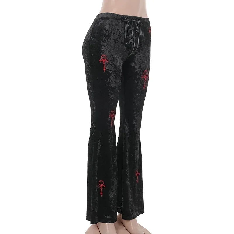 Harajuku Fashion Cross Embroidery Soft Long Pant Velvet High Waist Flare Pants Women Autumn Mall Gothic Slim Trousers