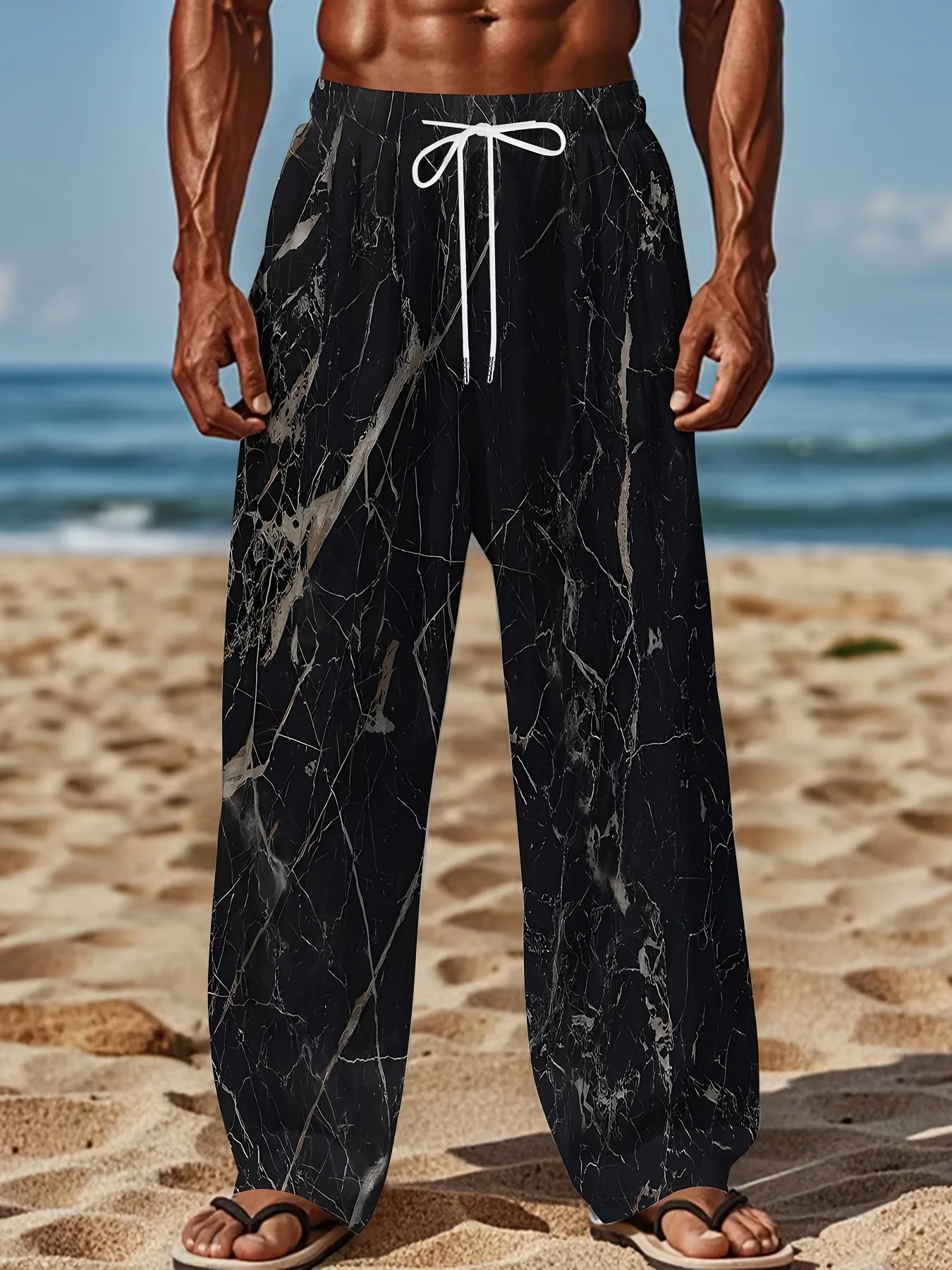 Men'S Summer Fashion Casual Pants Lightweight Comfortable Solid Color With Stylish Print Drawstring For Sports And Casual Wear