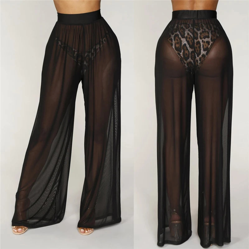 New Women Sexy Transparent Pants High Waist See Through Mesh Sheer Summer Beach Long Pants Bandage Solid Trousers 4 Colors S-XXL