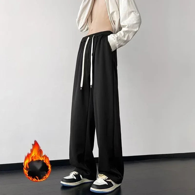 Spring Men's Solid Color Fleece Baggy Sweatpants Y2K Streetwear Straight Wide Leg Trousers 2025 New Korean Fashion Pants
