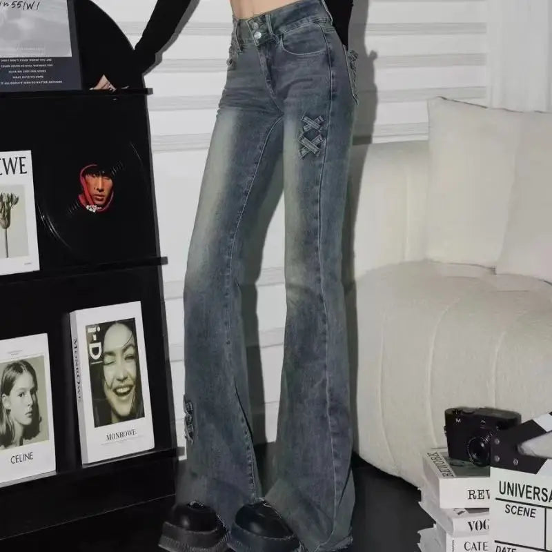 Fashion high street strap design retro black micro-flare jeans Y2k Goth women slim fit new flared pants