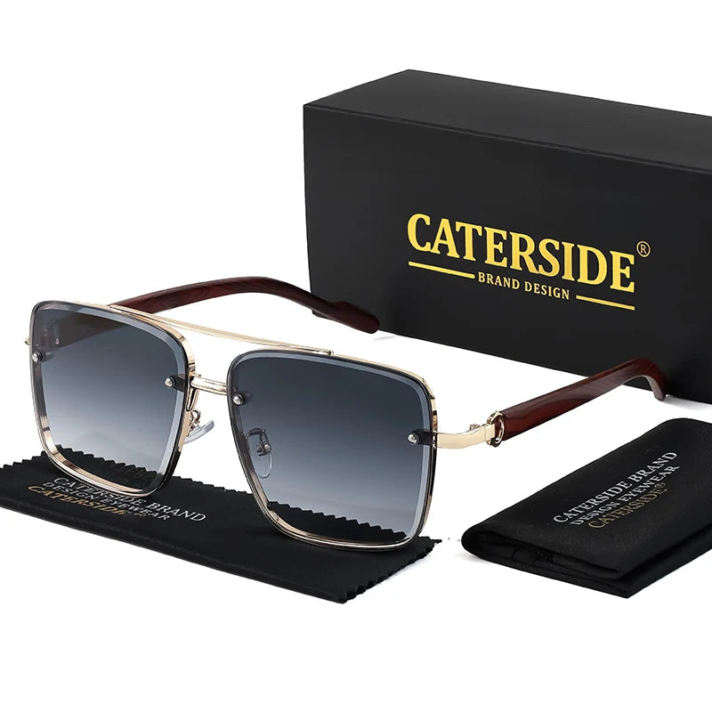 CATERSIDE Retro Wooden Temple Sunglasses Men Square Flat Top Double Bridges Sun Glasses Women Travel Fashion Eyeglass UV400