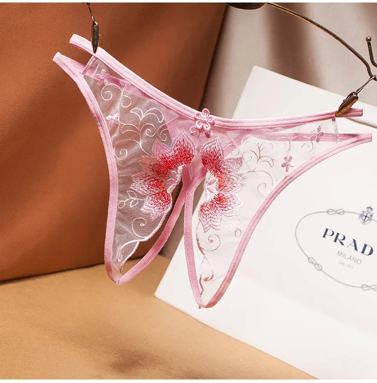 Sexy Lingerie Floral Print Crotch Opening Women's Panties Lace Thongs See-Through Temptation Women Underwear Erotic Pantys