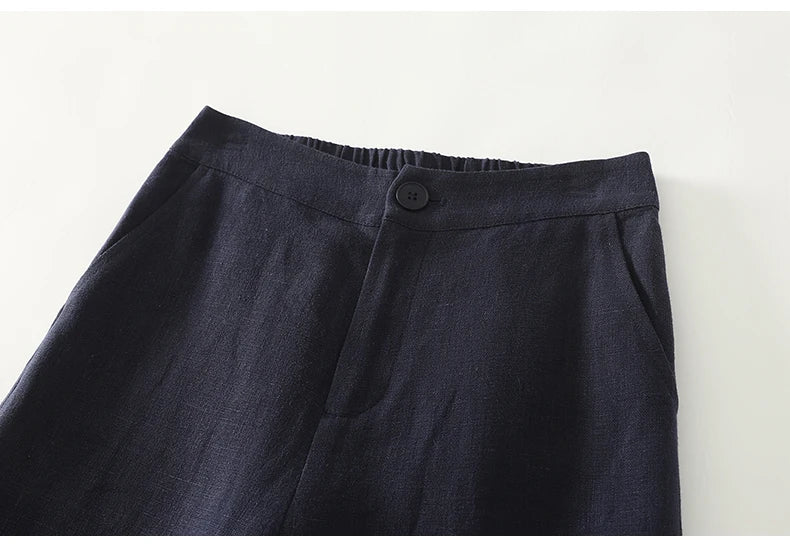 Cotton suit pants female summer new Korean fashion simple literary temperament elastic high waist leisure straight nine pants