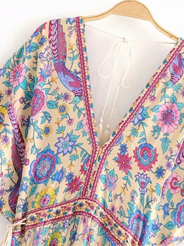 Robe Maxi Vintage Chic pour Femme, Imprimé Floral Paon, Manches Chauve-Souris, Bohème, Col en V, Pompon, Plage, Été