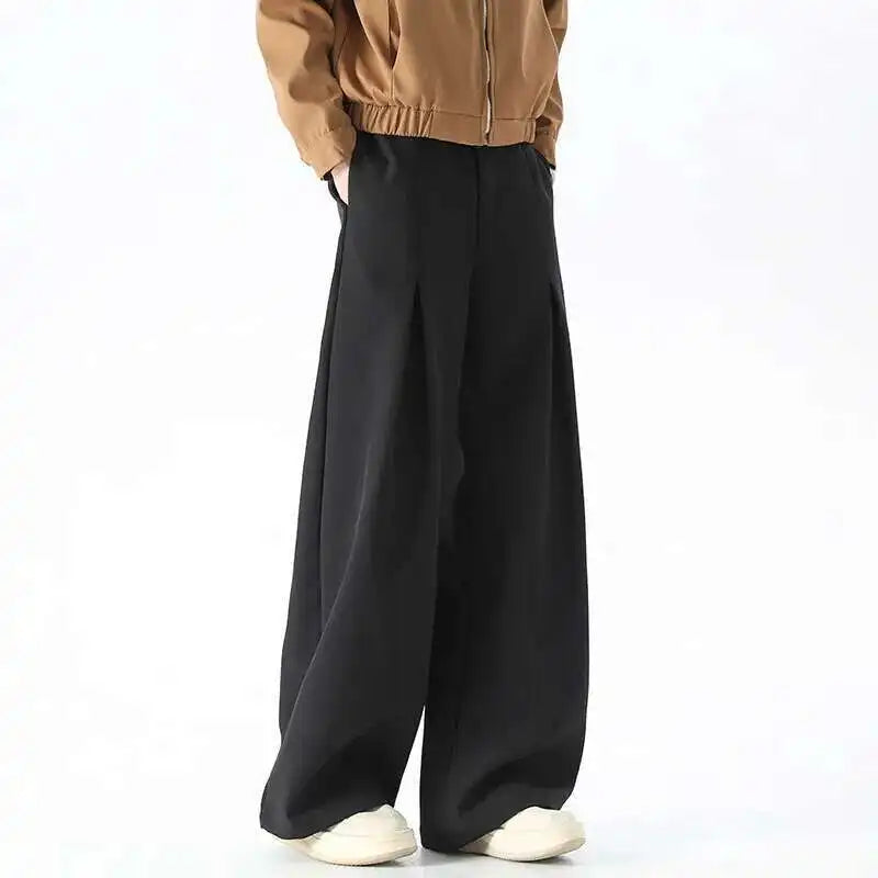 IEFB Pleated Design Men's Suit Pants Casual Solid Color American Style Bottom Drape Straight Wide Leg Male Trousers Simple 9W717