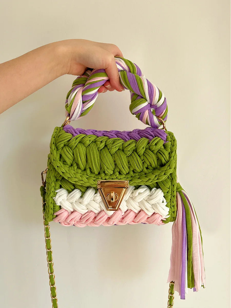 New Handmade Woven Women's Crossbody Bags Thread Hook Knitted Shoulder Bag Colorful Strip Chains Bags for Women Small Purses