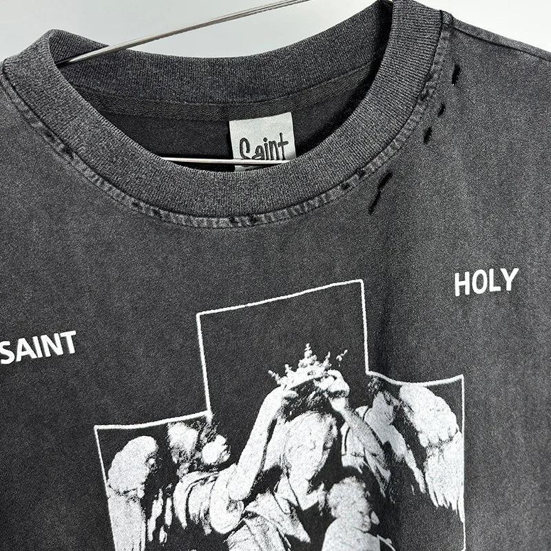 Red Skull Finger Print Damaged Hole Saint Tank Tee Men Women Streetwear Oversized Vest Vintage Washe Black Sleeveless T Shirt