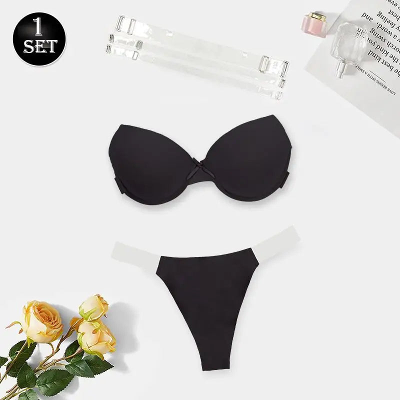 BEAUWEAR Underwear Set Panties and Bra Cup B C 70-85 Solid Color Invisible Strapless Bra and Thong for Party Wedding
