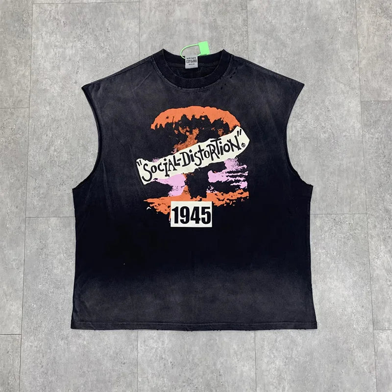 Vintage Washed Saint Sleeveless Tank T-shirts Oversize Men Woman Good Quality Black White Grey Hole Old Summer Streetwear
