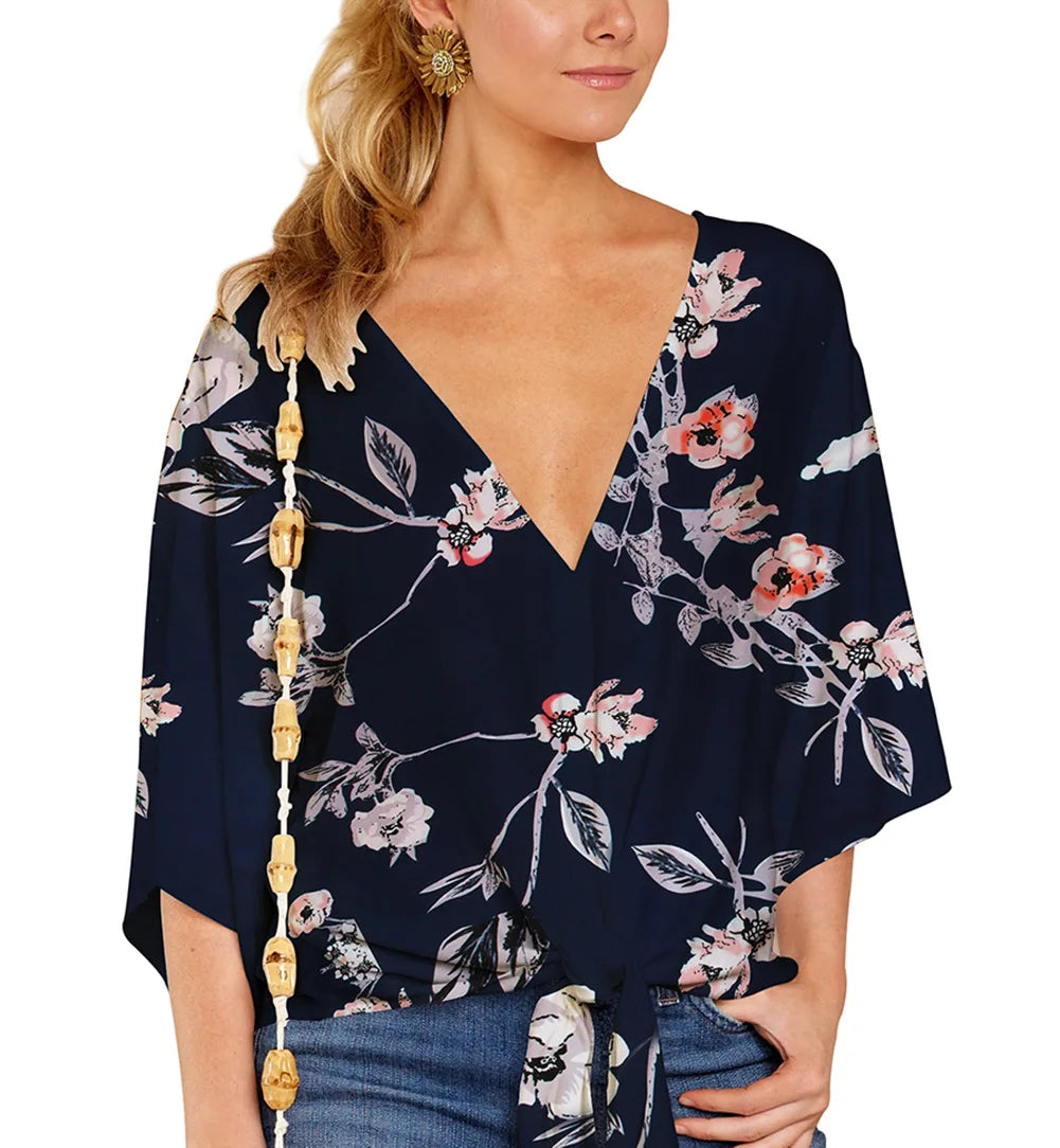 Spring Summer 2024 New Women's Shirt Sexy V-neck Short Sleeved Fashionable Printed Knot Printed Sleeve Top