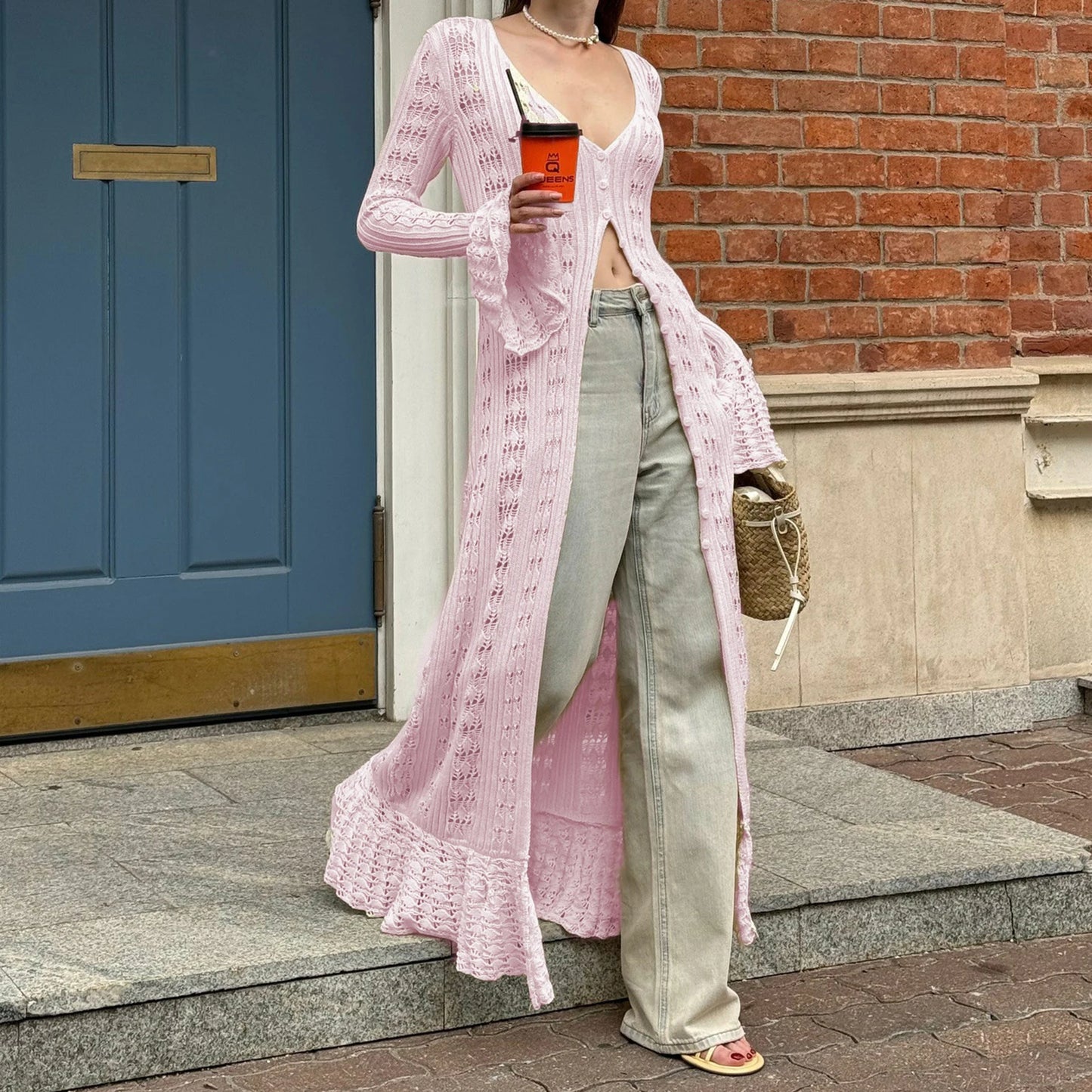 Women Knit Dress Long Sleeve Button Closure Cardigan Hollow Out Long Dress Top for Daily Street Summer Fall