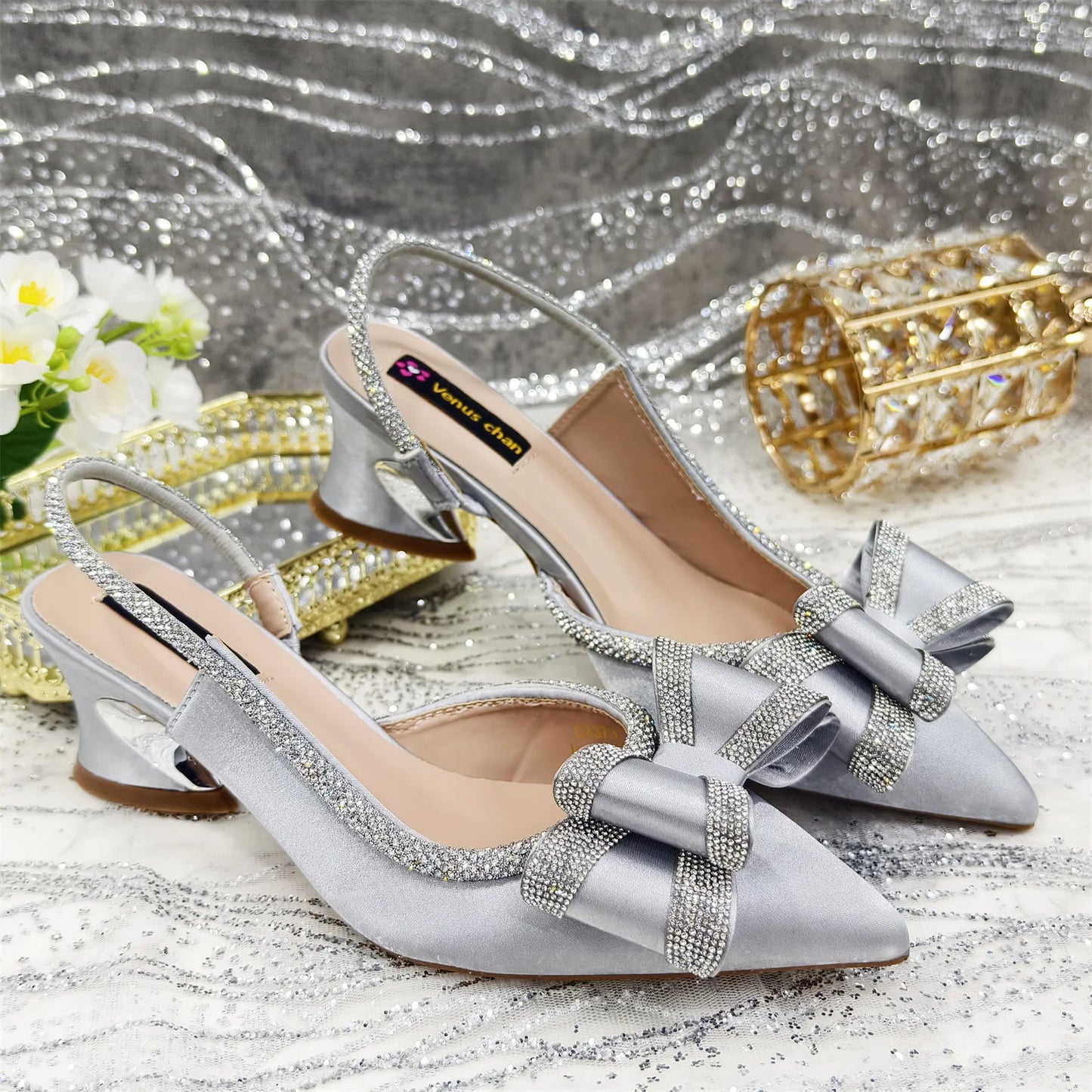 Venus Chan Italy Design 2025 New INS Shoes and Bag to Match Wine Colour Pointed-Toe Rhinestone Bow Party Women's High Heels