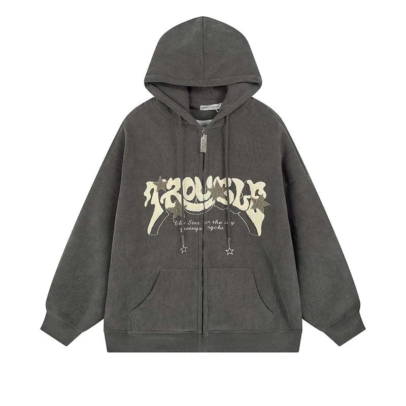 Y2k Zip Up Hoodie Women Spring Retro Embroidered Letter Loose Long Sleeve Tops 2025 Casual Hooded Sweatshirts Harajuku Jackets