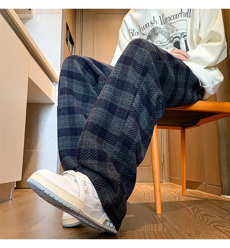 New Y2K Vintage Plaid Baggy Pants Men's High Street Woolen Straight-leg Trousers Autumn Korean Fashion Hip Hop pantalones hombre