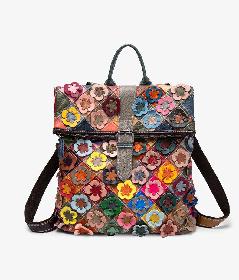 Handmade bag, three-dimensional floral romantic backpack, colorful patchwork retro backpack, luxurious travel experience