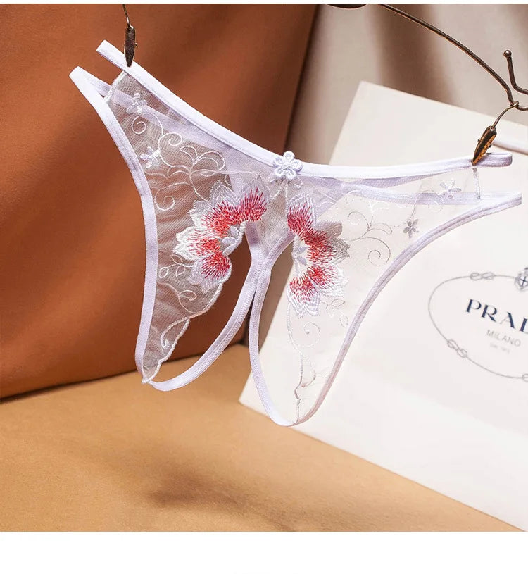 Sexy Lingerie Floral Print Crotch Opening Women's Panties Lace Thongs See-Through Temptation Women Underwear Erotic Pantys