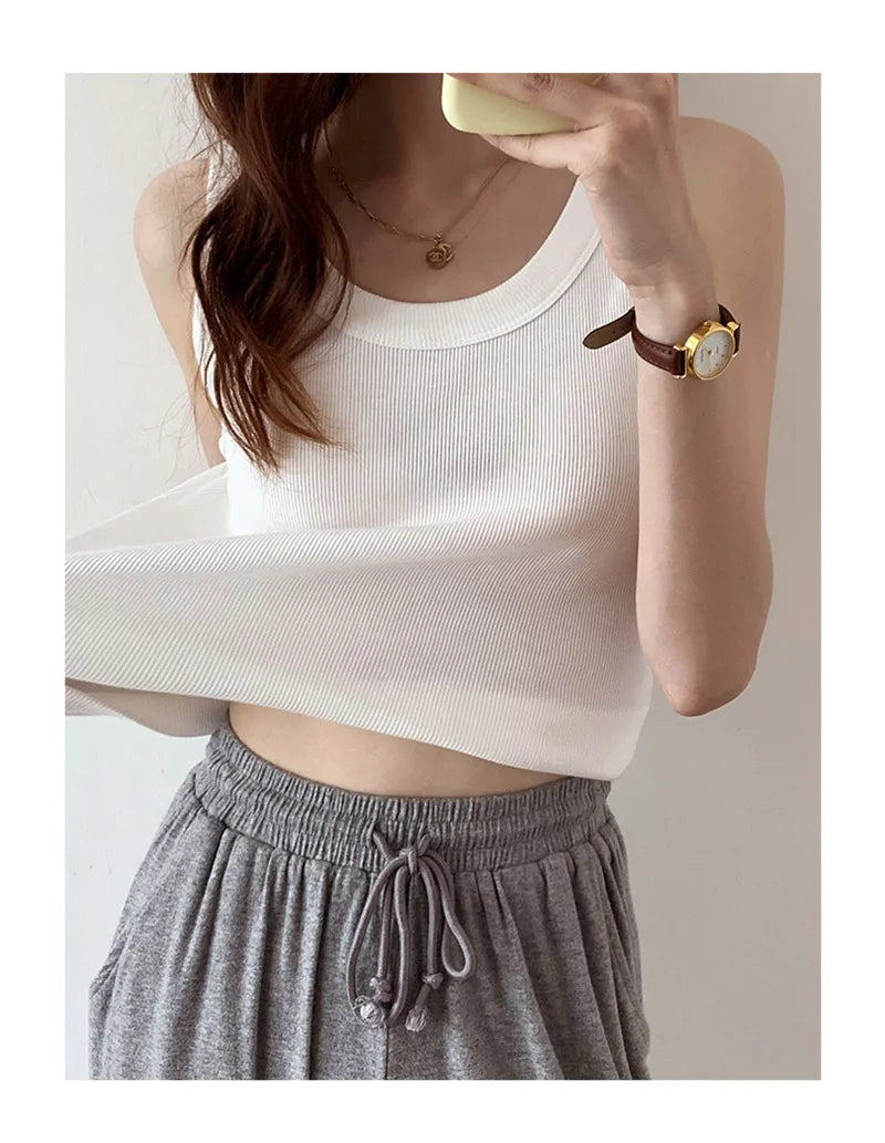Summer Knitted Solid Color Tanks Top White Skinny Camisole Women Basic Camisole T-Shirt