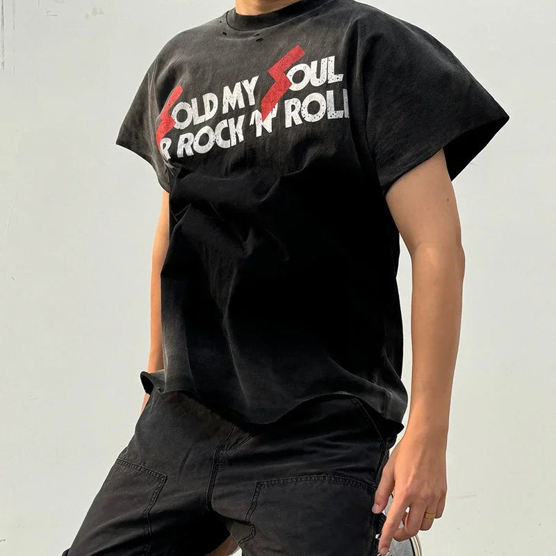 Graphics Print Vintage Washed Black Dirty Sleeveless T-Shirt Men Women Hip Hop Oversized Box Tee Best Quality Cotton T Shirt