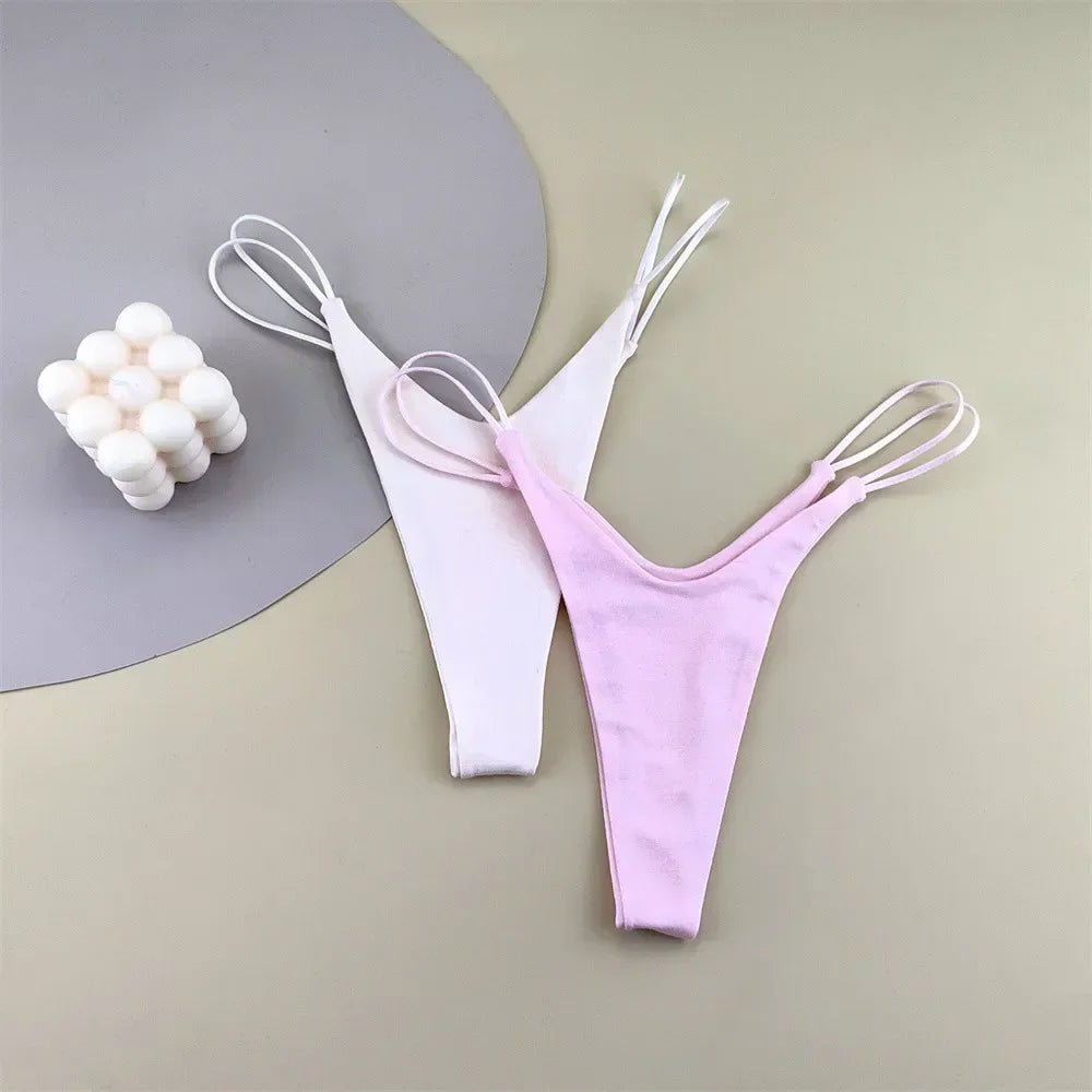 2PCS/Set Strappy Plus Size Two Layers Cotton G Strings Panties for Women Low Rise Solid Color Pink Thong Tanga Underwear