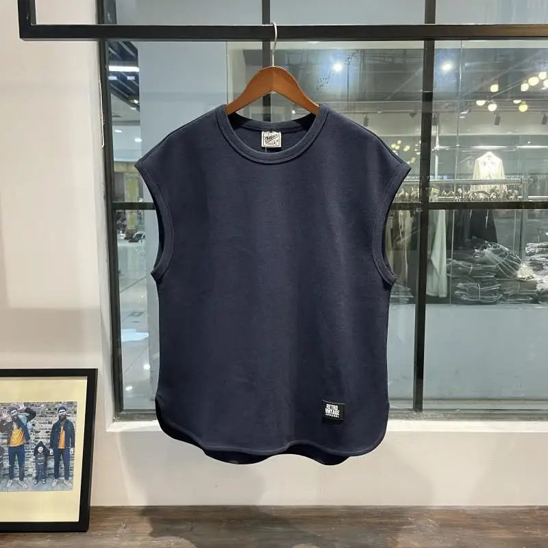 Trendy summer new waffle loose sports vest fitness sleeveless casual men's training solid color crew neck top