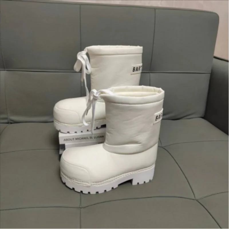 Unisex Big Head Botas Mujer Designer Drawstring Snow Boot Waterproof Anti-slip Warm Padded Thickened Platform Bottom Ankle Shoes