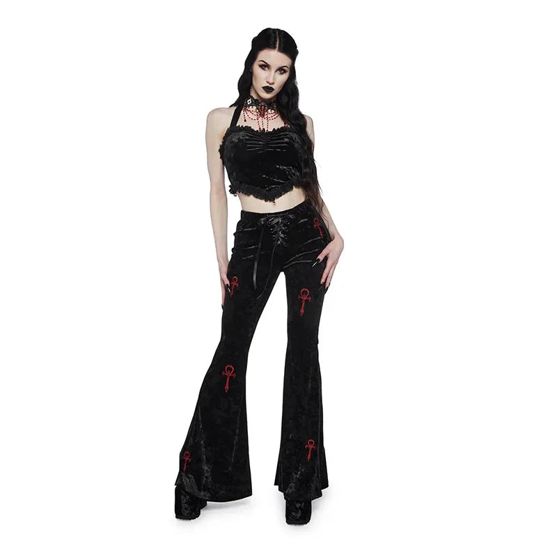 Harajuku Fashion Cross Embroidery Soft Long Pant Velvet High Waist Flare Pants Women Autumn Mall Gothic Slim Trousers