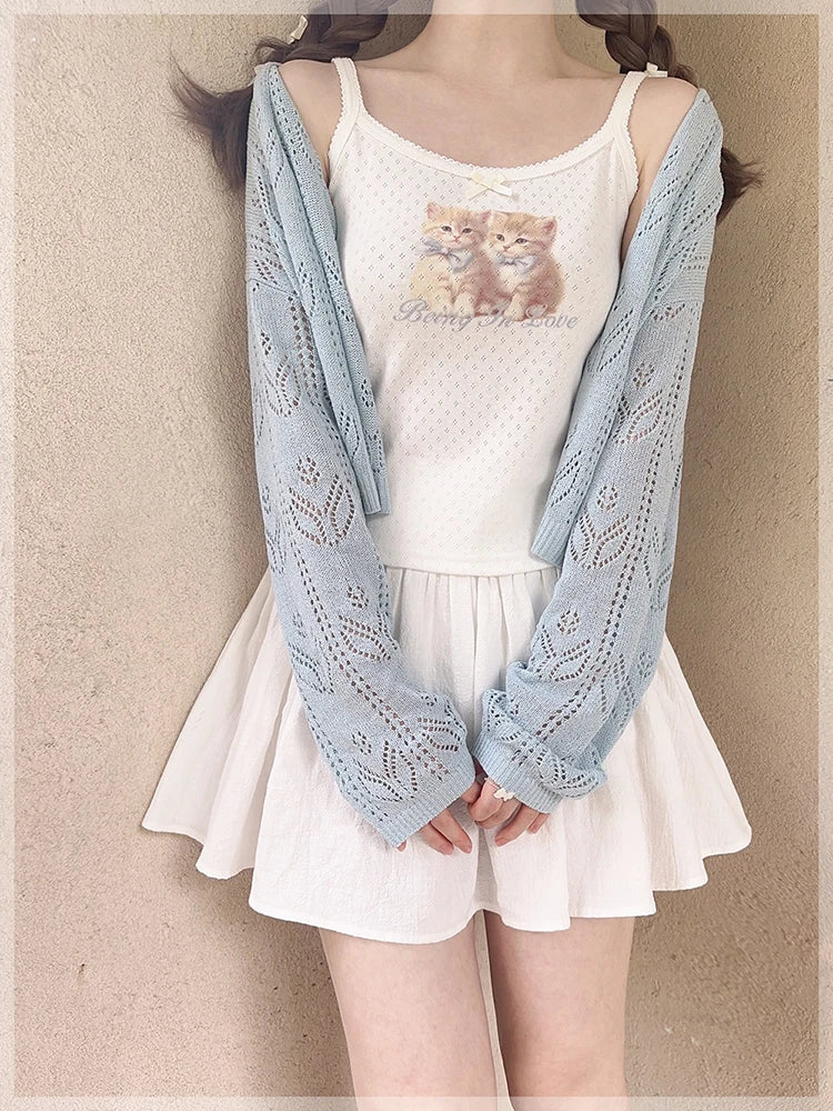 Cute Tops Women Summer Cotton Camis Pink Bow Print Knitted Crop Top for Sweet Girl Lolita Style Kawaii Clothes