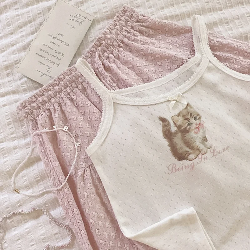 Cute Tops Women Summer Cotton Camis Pink Bow Print Knitted Crop Top for Sweet Girl Lolita Style Kawaii Clothes