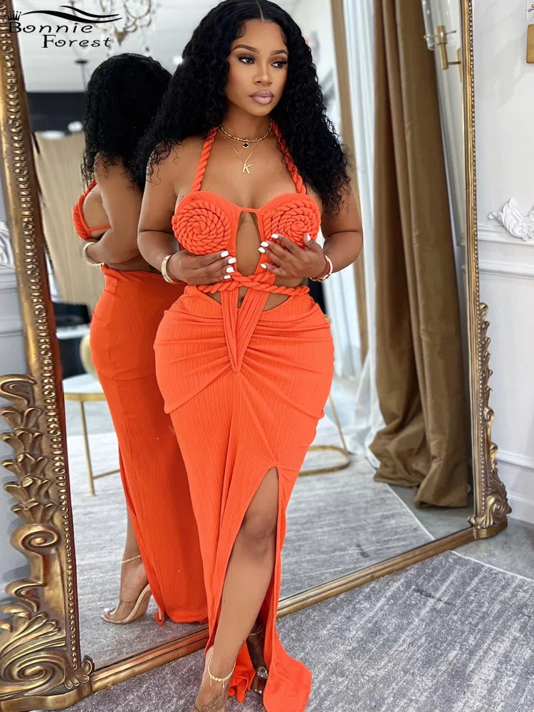 Bonnie Forest Gorgeous Cut-Out Ruched Bandage Long Dress For Women Chic Summer Halter Neck High Slit Party Dresses Beach Vestido