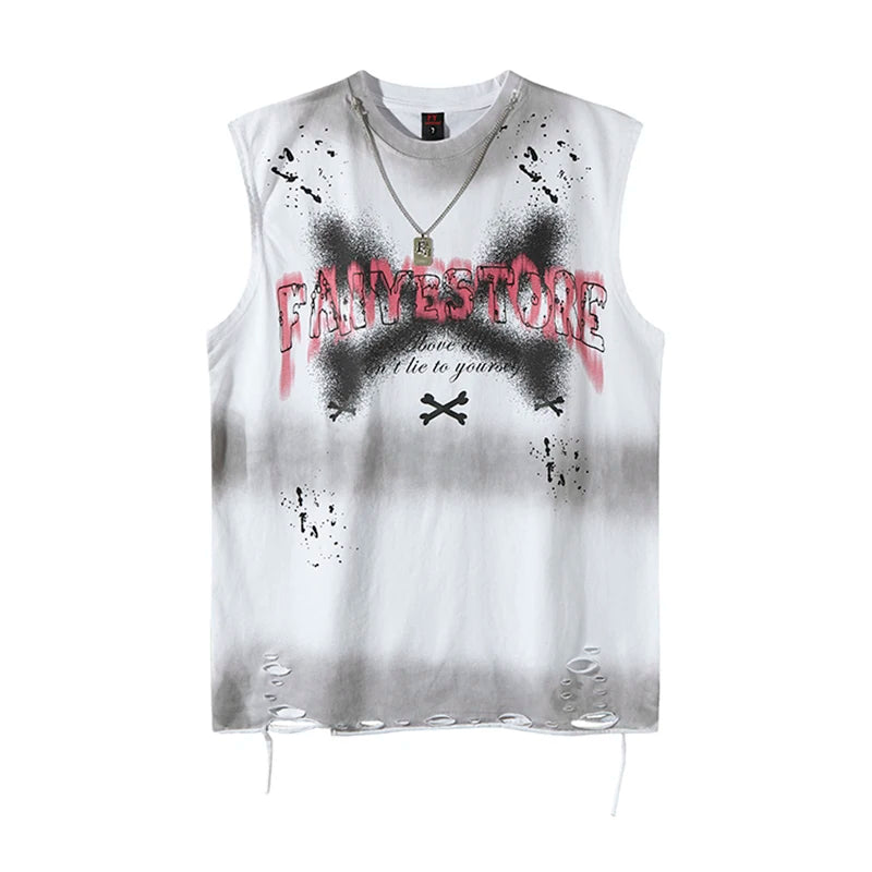 2025 Summer Washed Tank Tops V Cut Baggy Hip Hop Splash-ink Ripped Tshirts Sleeveless Tops Necklace Mens Oversize Vests Y2k