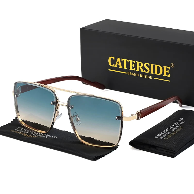CATERSIDE Retro Wooden Temple Sunglasses Men Square Flat Top Double Bridges Sun Glasses Women Travel Fashion Eyeglass UV400