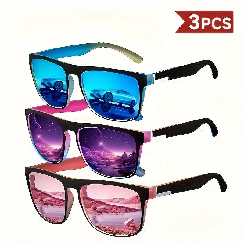 3pcs Stylish Sports Fashion Sunglasses for Cycling, Golf & Outdoor Activities - Black Frame with Blue, Purple & Pink Lenses