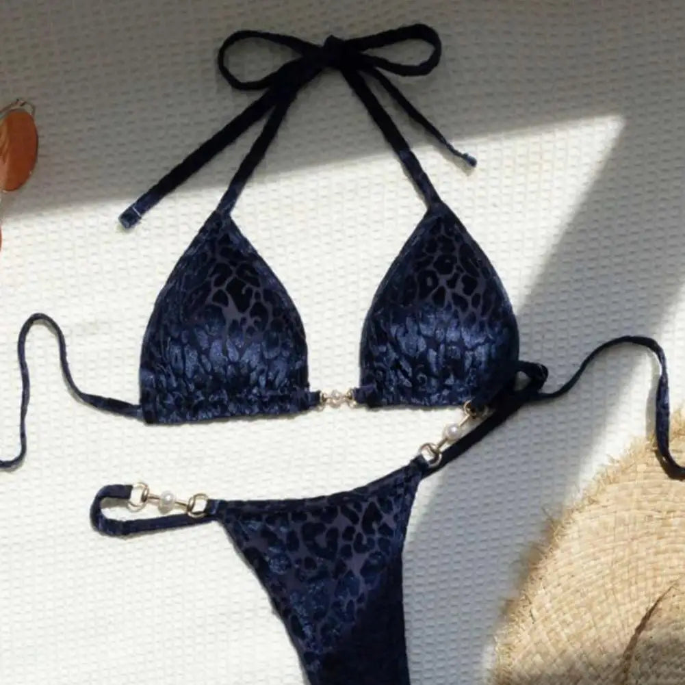 2Pcs/Set Women Bikini Set Leopard Print Halter Bra Faux Pearls Briefs Set Quick Drying Two-piece Lady Swimsuit Beachwear