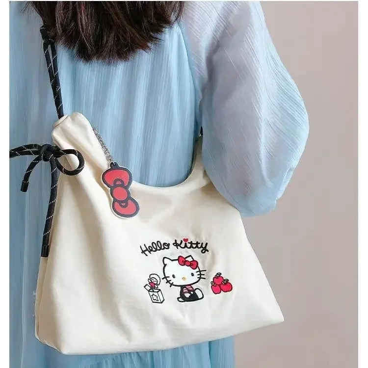 Sanrio Embroidered Canvas Shouler Bag for Women Girl College Student Cute Large Capacity Tote Durable Fashion